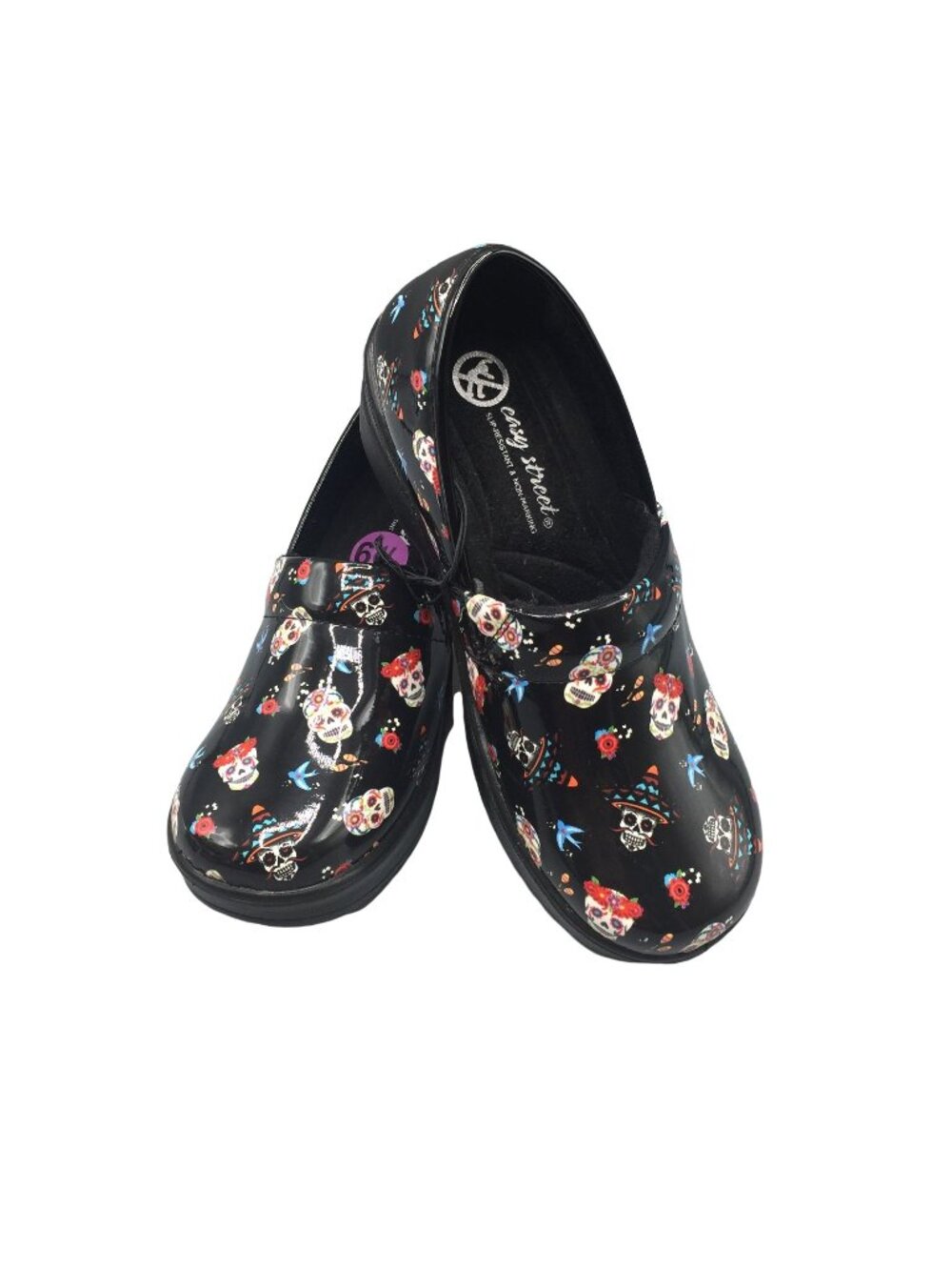 Easy Street Sugar Skull Laurie Patent Faux Women's 6 1/2 Slip Resistant Clogs